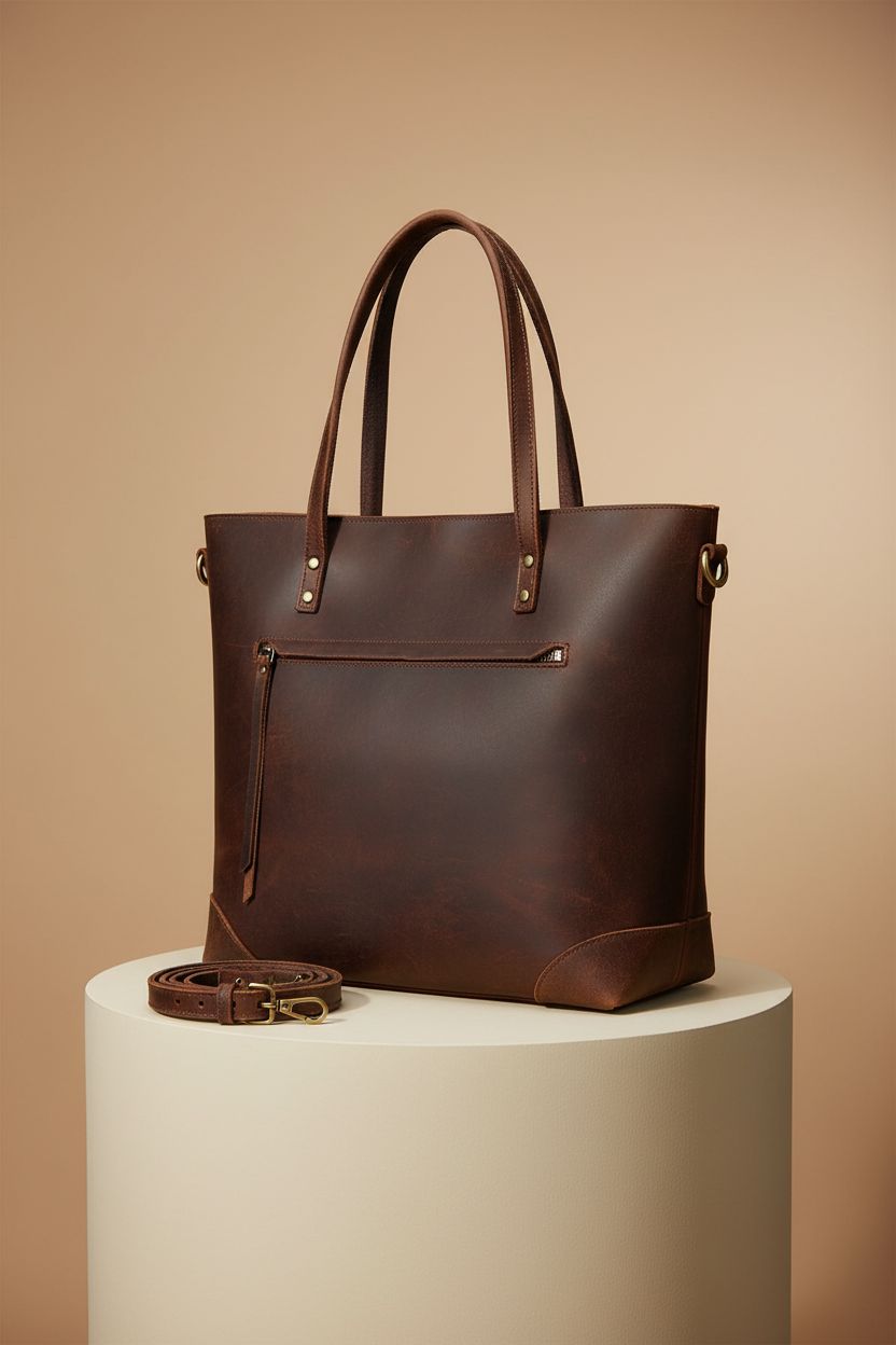 S-ZONE genuine leather tote bag displayed on cream backdrop showcasing details