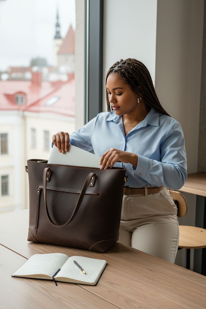 S-ZONE vintage leather shoulder bag in coworking space with laptop and notebook