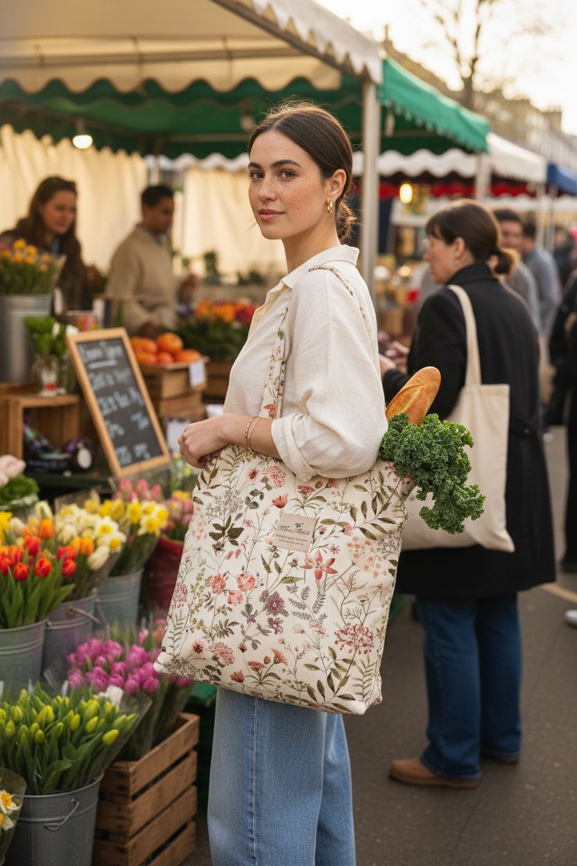 Miss Adola cream floral tote bag with inner pocket, perfect for market shopping in spring.
