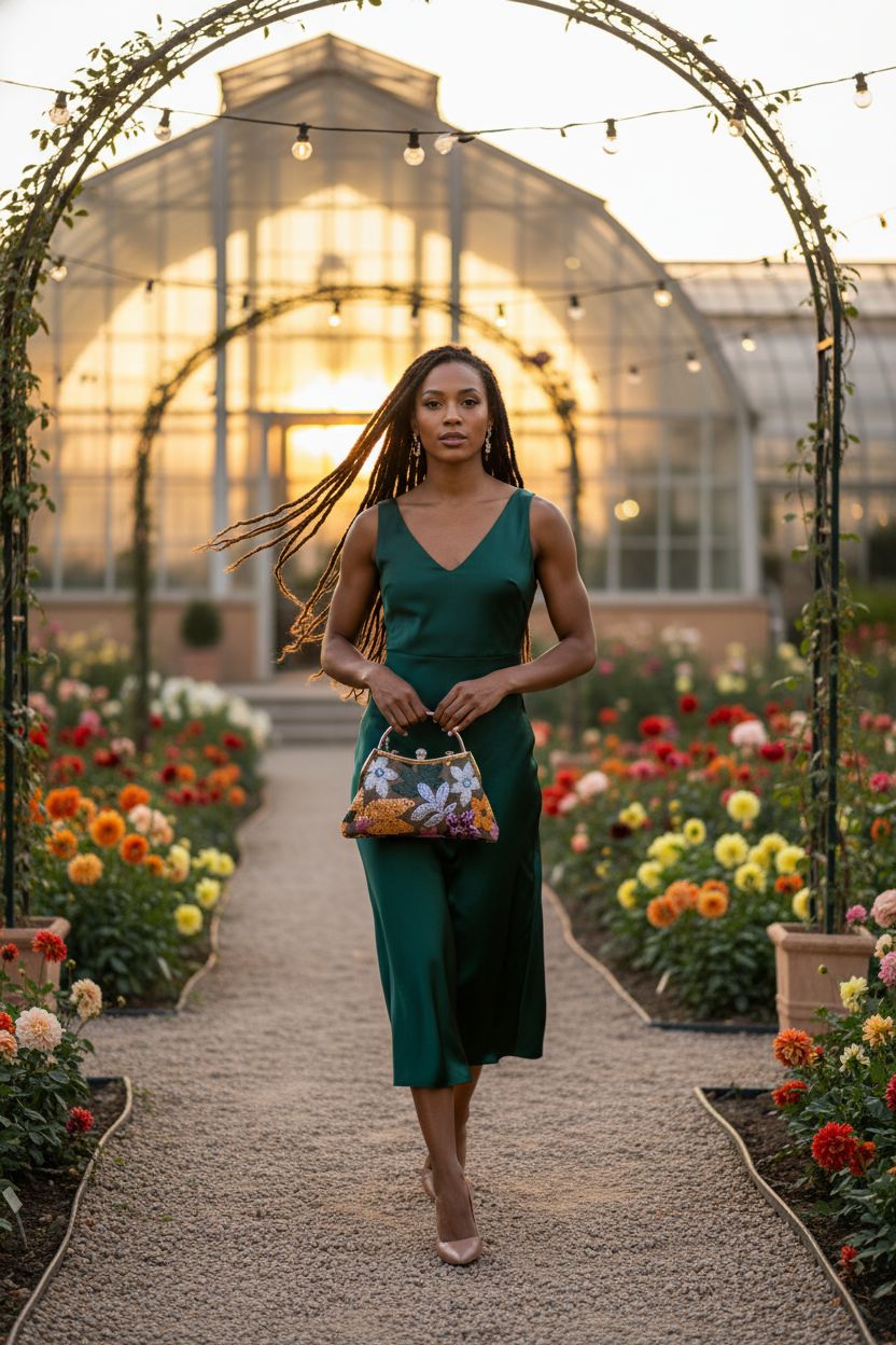 Floral purse by Verdusa carried in a botanical garden with beautiful flowers.