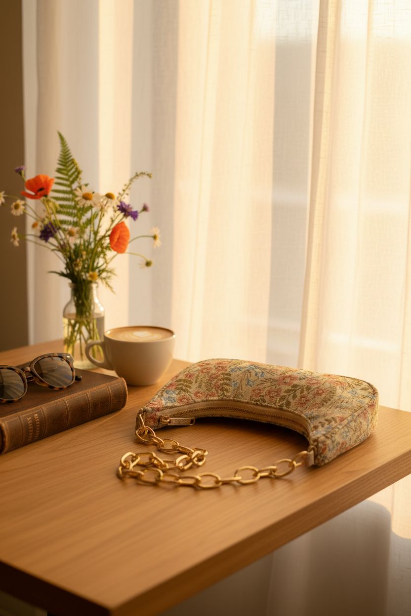Beaded crescent bag by Verdusa resting on a wooden table with a latte and flowers in a café setting.