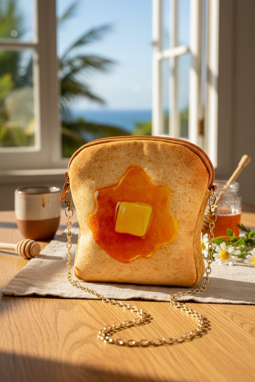Mixweer Toast Purse as a playful centerpiece on a warm oak table with breakfast items.
