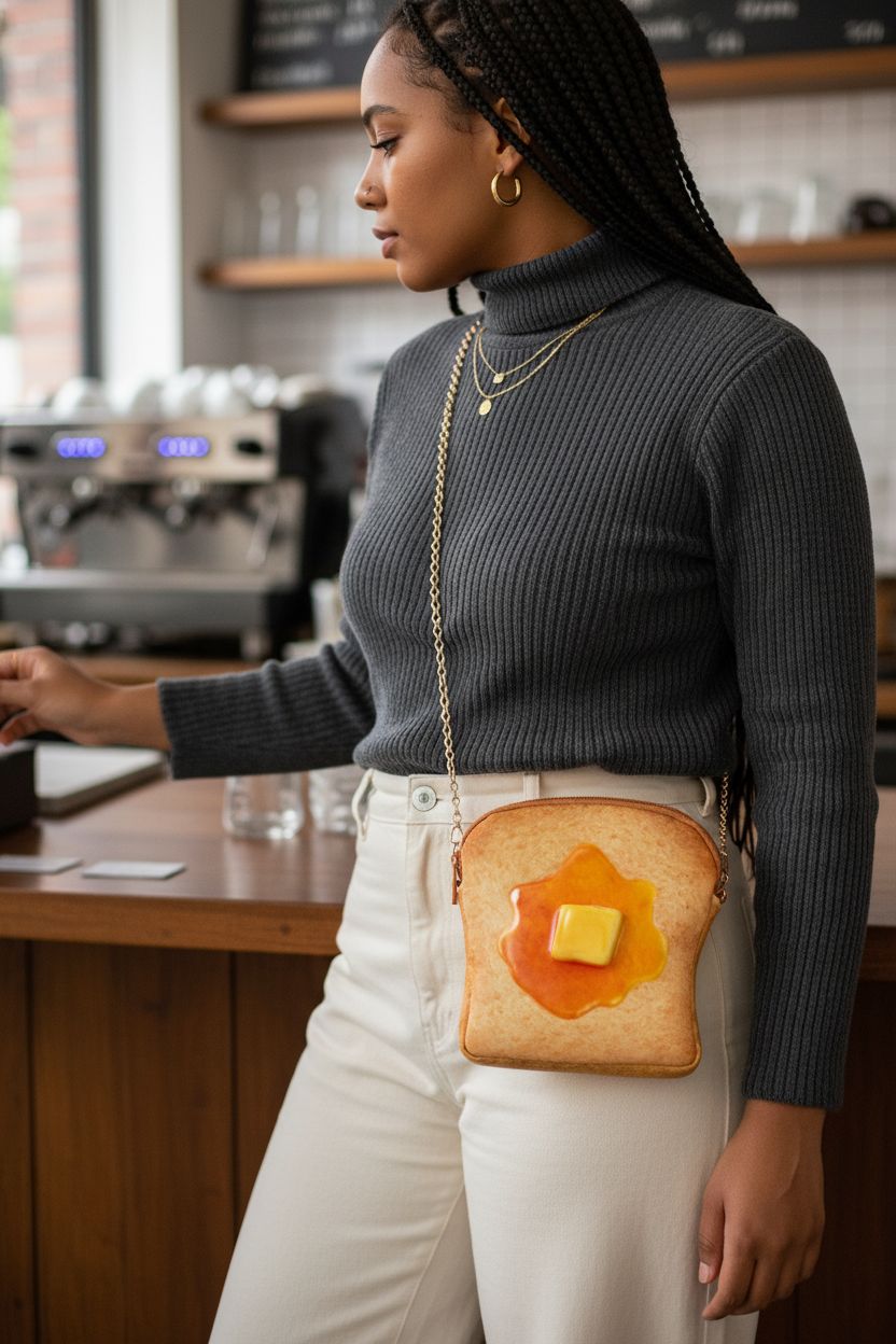 Mixweer Toast Purse with honey gloss, displayed at a cozy café counter.