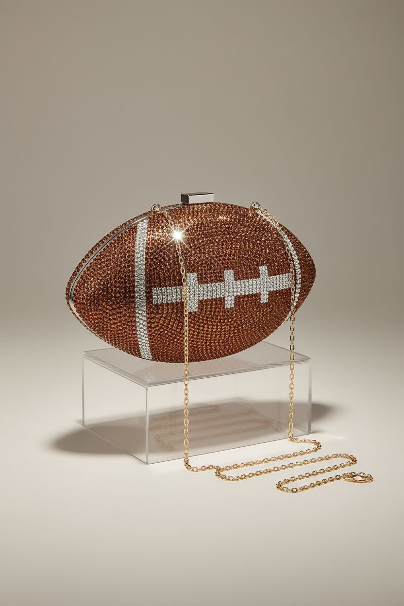 Detailed view of Gripit rhinestone football purse on grey backdrop