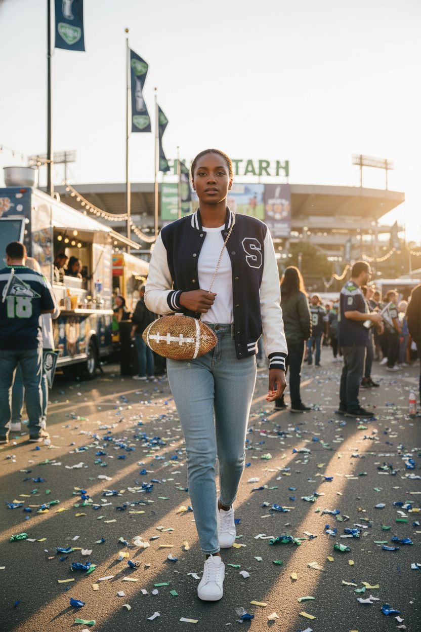 Brown rhinestone football purse worn crossbody in vibrant fan zone atmosphere