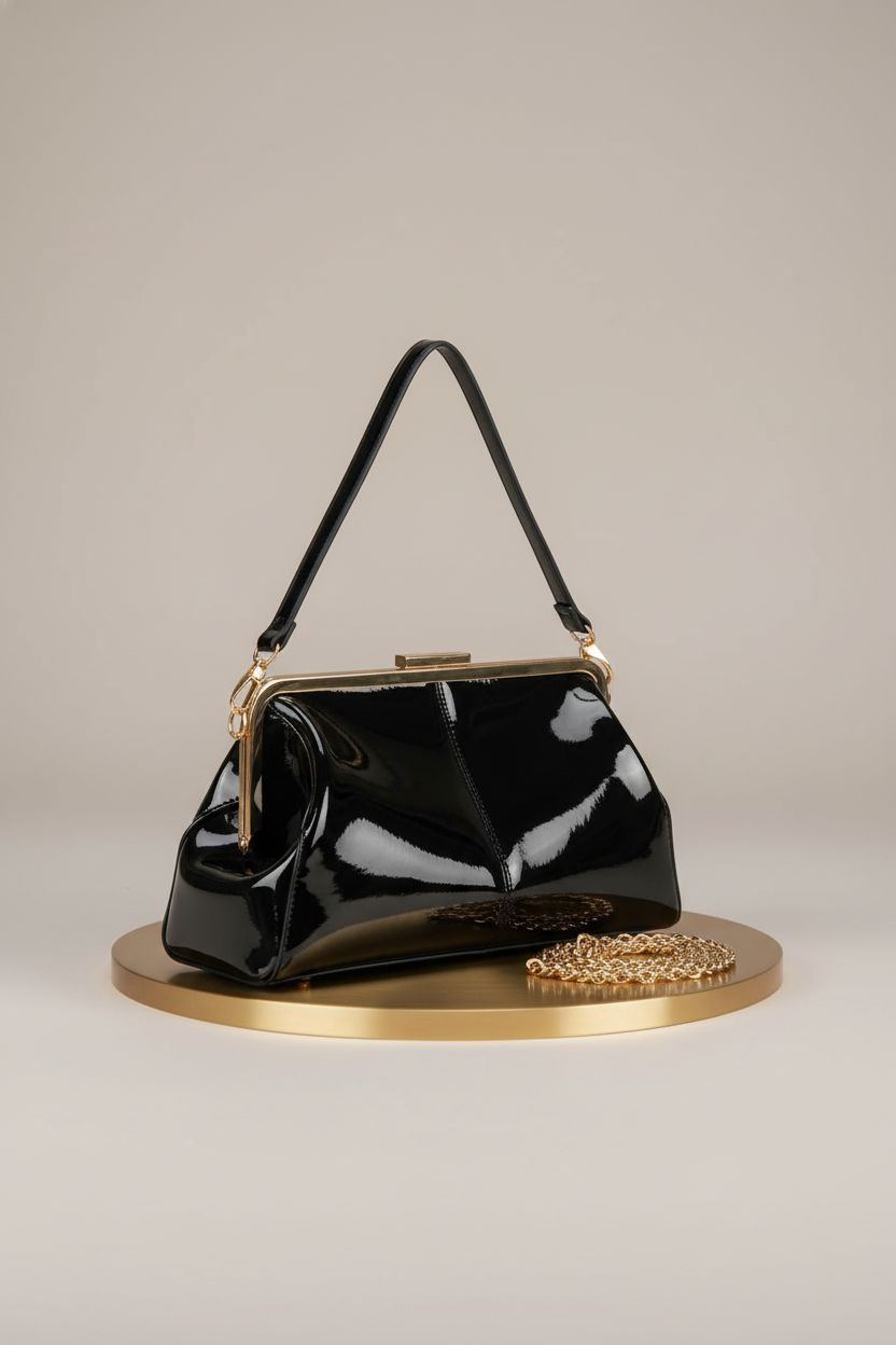 Product shot of MICOM black patent leather handbag showcasing kiss-lock design and chain on riser.
