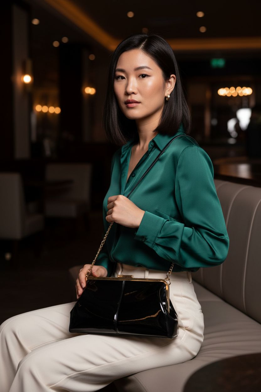 Vintage MICOM black patent leather kiss-lock handbag on lap with chain strap in a chic lounge setting.