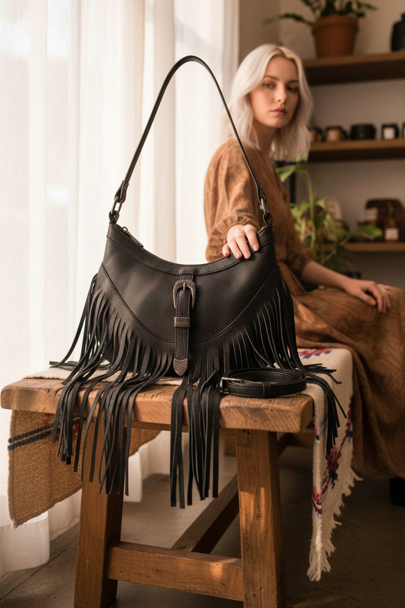 Sunwel Fashion fringe purse elegantly displayed on a rustic bench with warm lighting