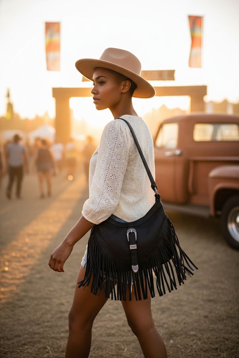 Sunwel Fashion small western fringe purse in motion at music festival with tassels glowing