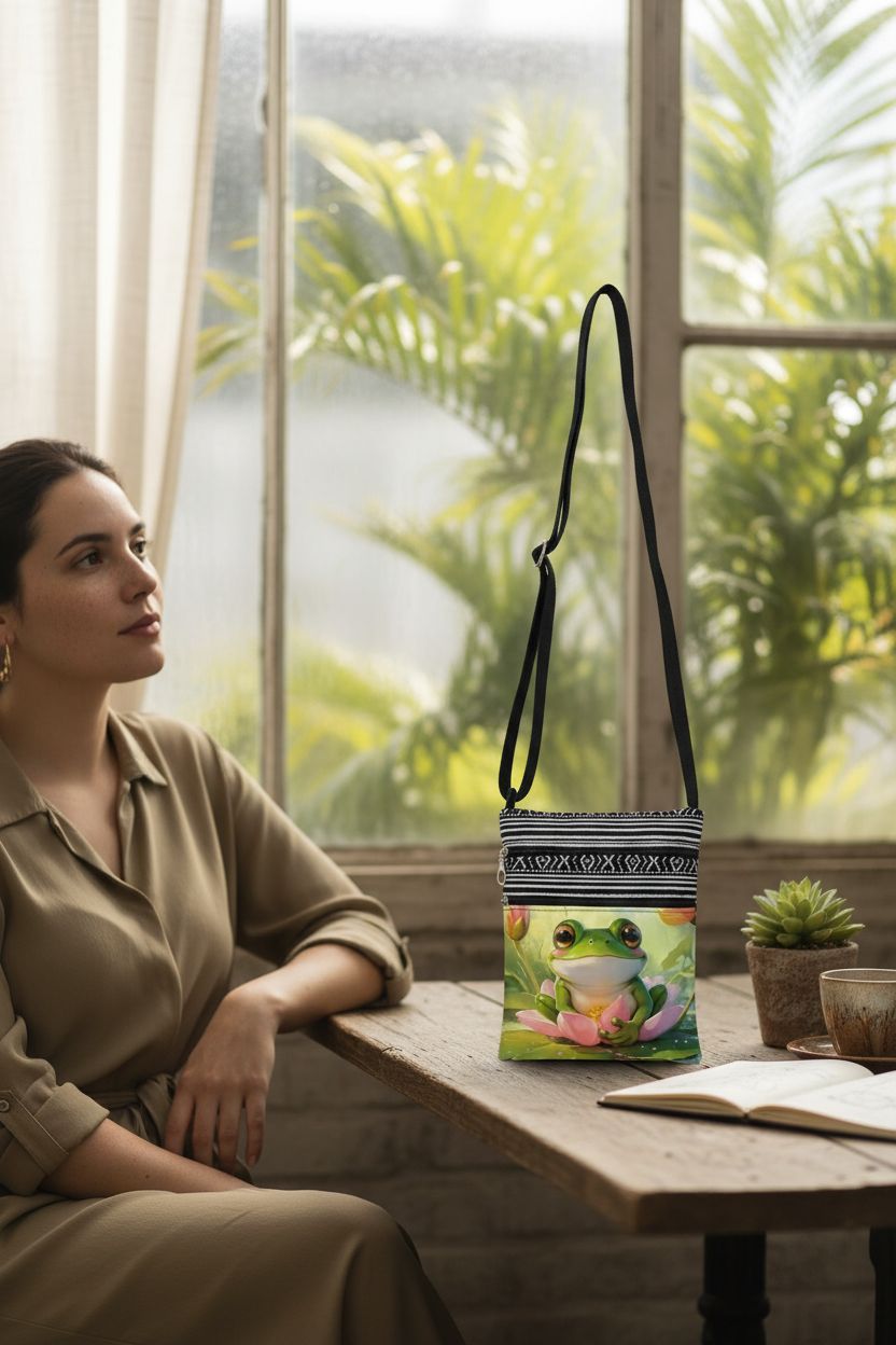 LiuenMgg frog purse resting on a table in a cozy cafe, surrounded by plants.