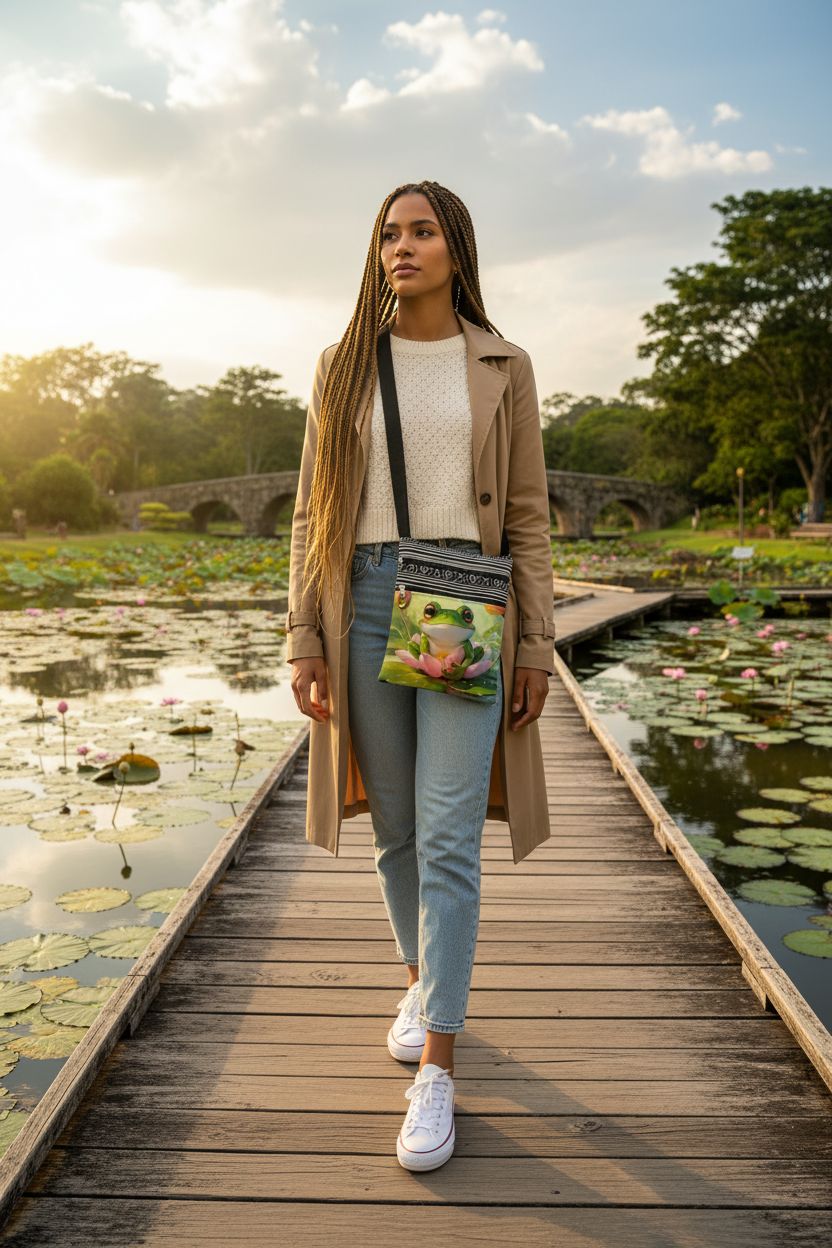 LiuenMgg frog messenger bag with ethnic pattern in botanical garden setting.