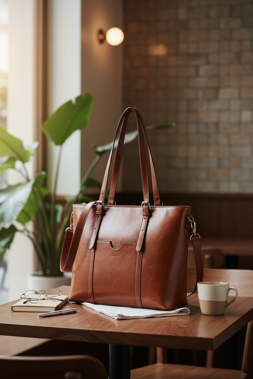 BOSTANTEN leather purse on walnut table in cozy café setting, ideal for a refined break.