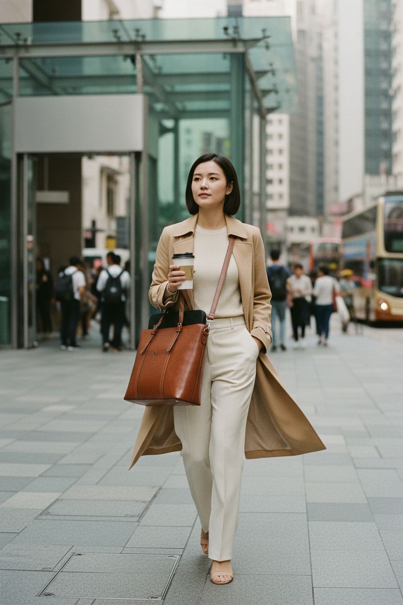 BOSTANTEN brown leather tote purse worn crossbody, perfect for morning commutes.