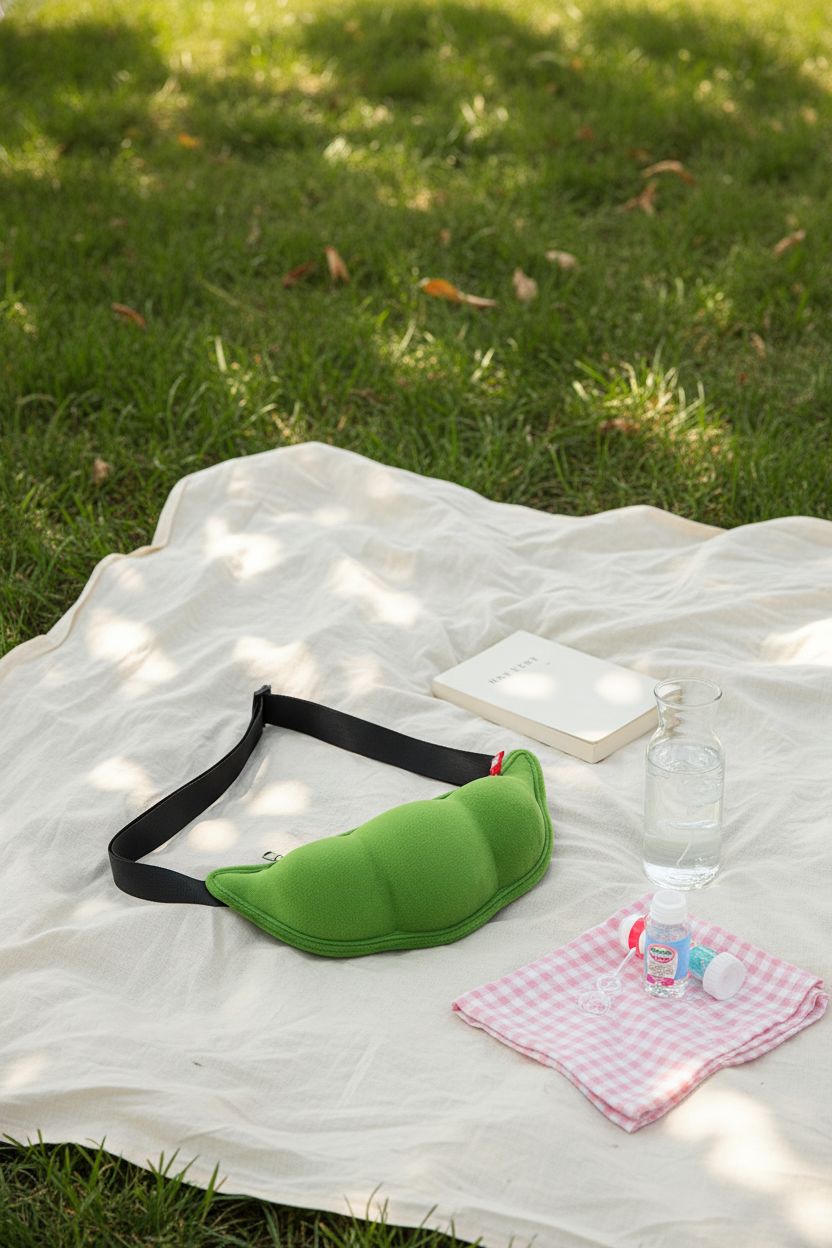 SHIDXIB green plush pea crossbody bag on a picnic blanket in a sunny park