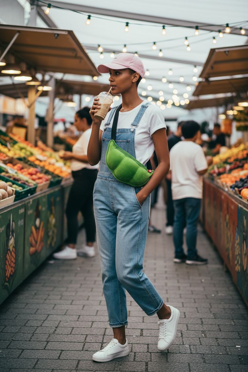 SHIDXIB cute pea-shaped plush crossbody bag in vibrant green at a farmers' market