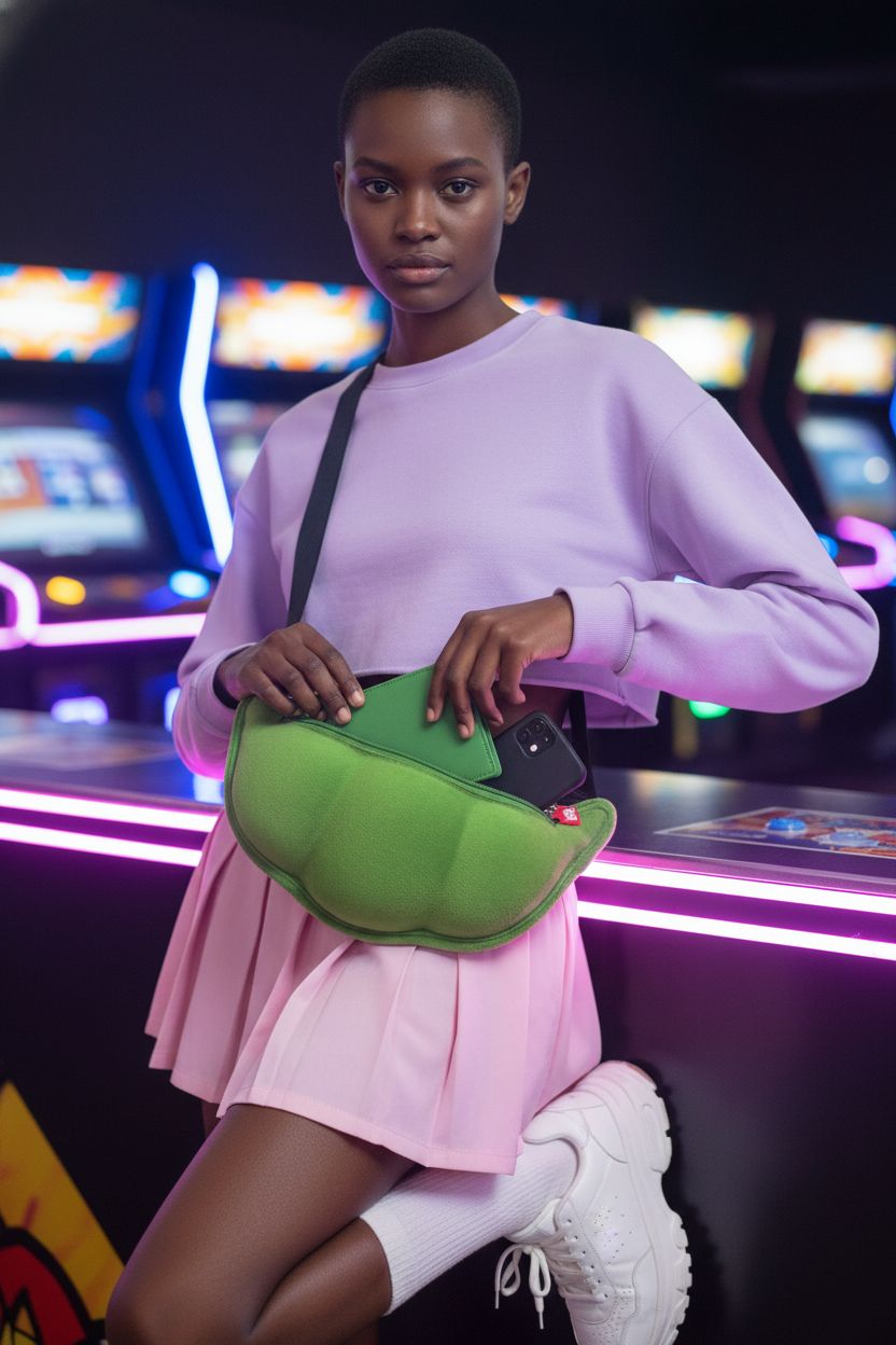SHIDXIB playful pea-shaped crossbody bag in pastel setting at an arcade