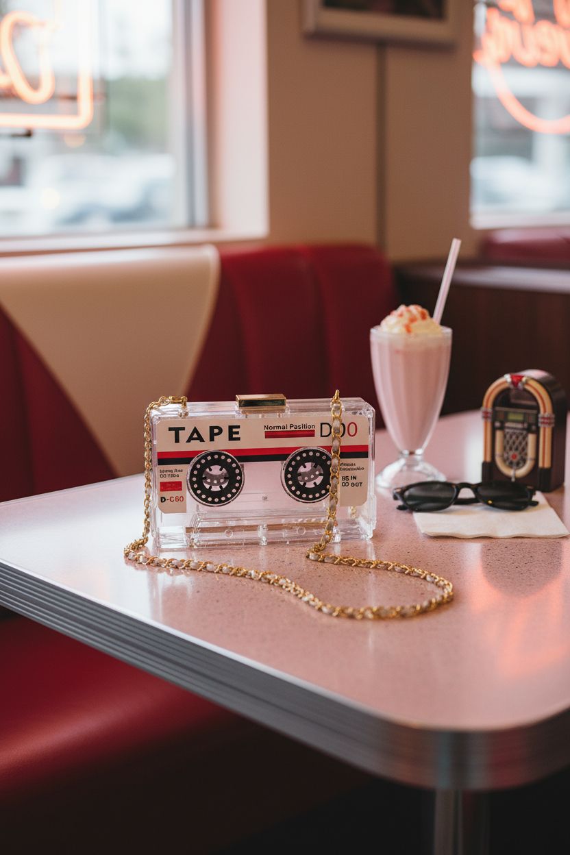QZUnique cassette-shaped bag on a diner table, surrounded by a retro vibe and a strawberry milkshake.
