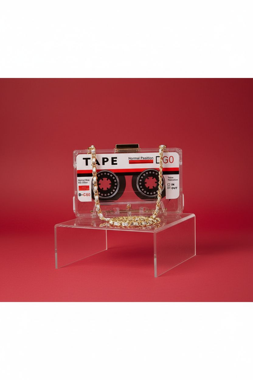 QZUnique tape-shaped acrylic bag on a clean studio set, highlighting its elegant design and gold chain.