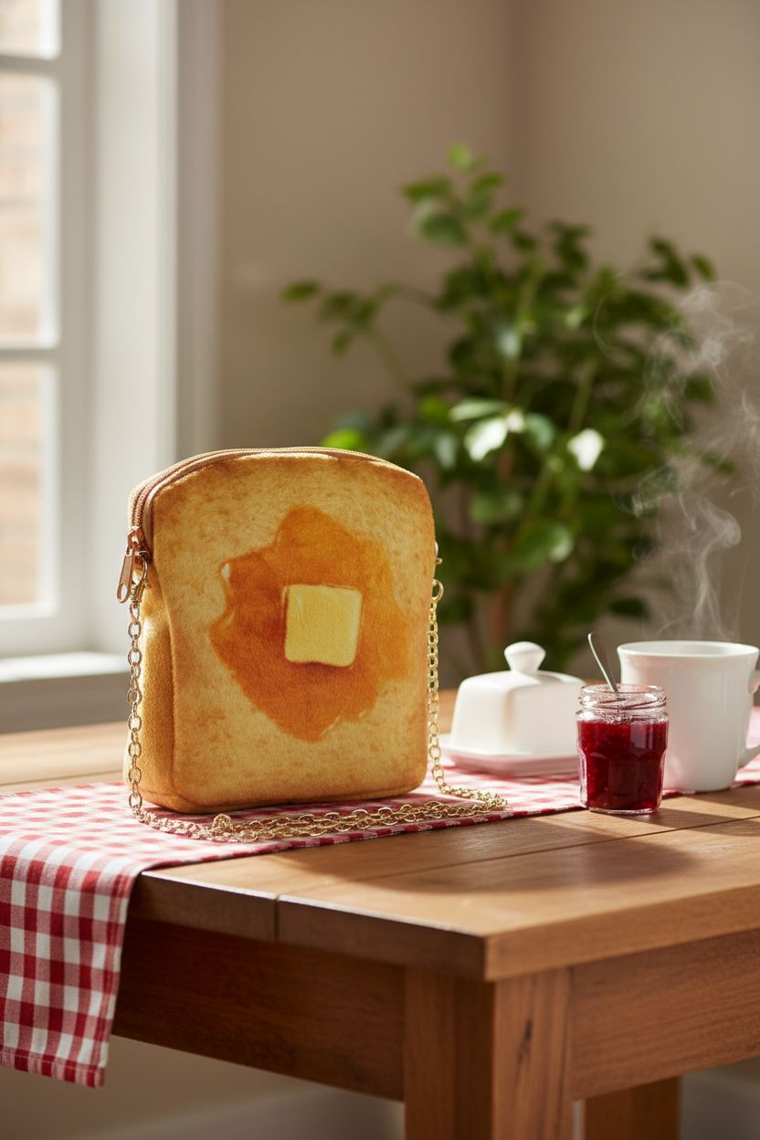 QiMing butter Toast Shoulder Bag on a cozy table setting, perfect for relaxed mornings.