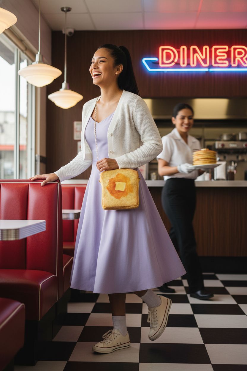 QiMing butter Toast Shoulder Bag stands out in a retro diner, ideal for casual fun.