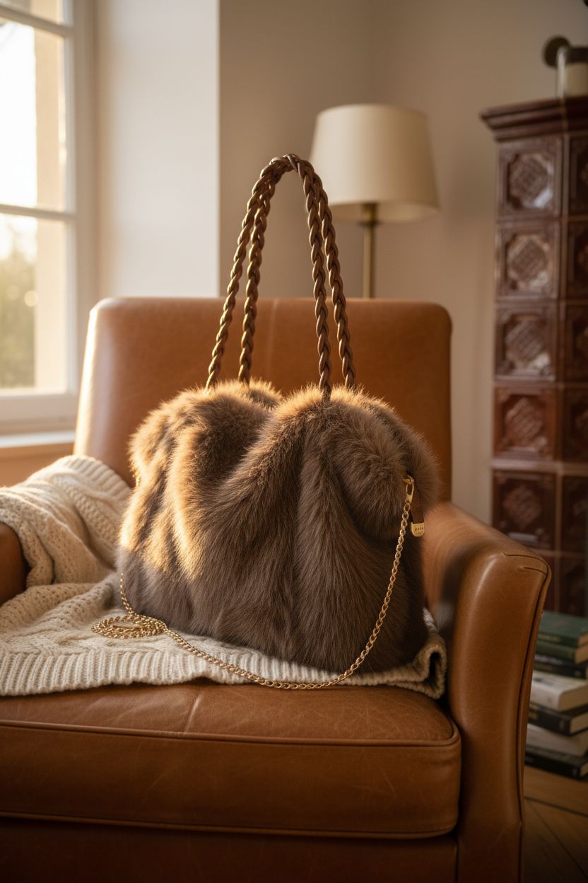 Extolove fluffy shoulder bag resting on a leather chair by a warm fireplace, cozy home vibe