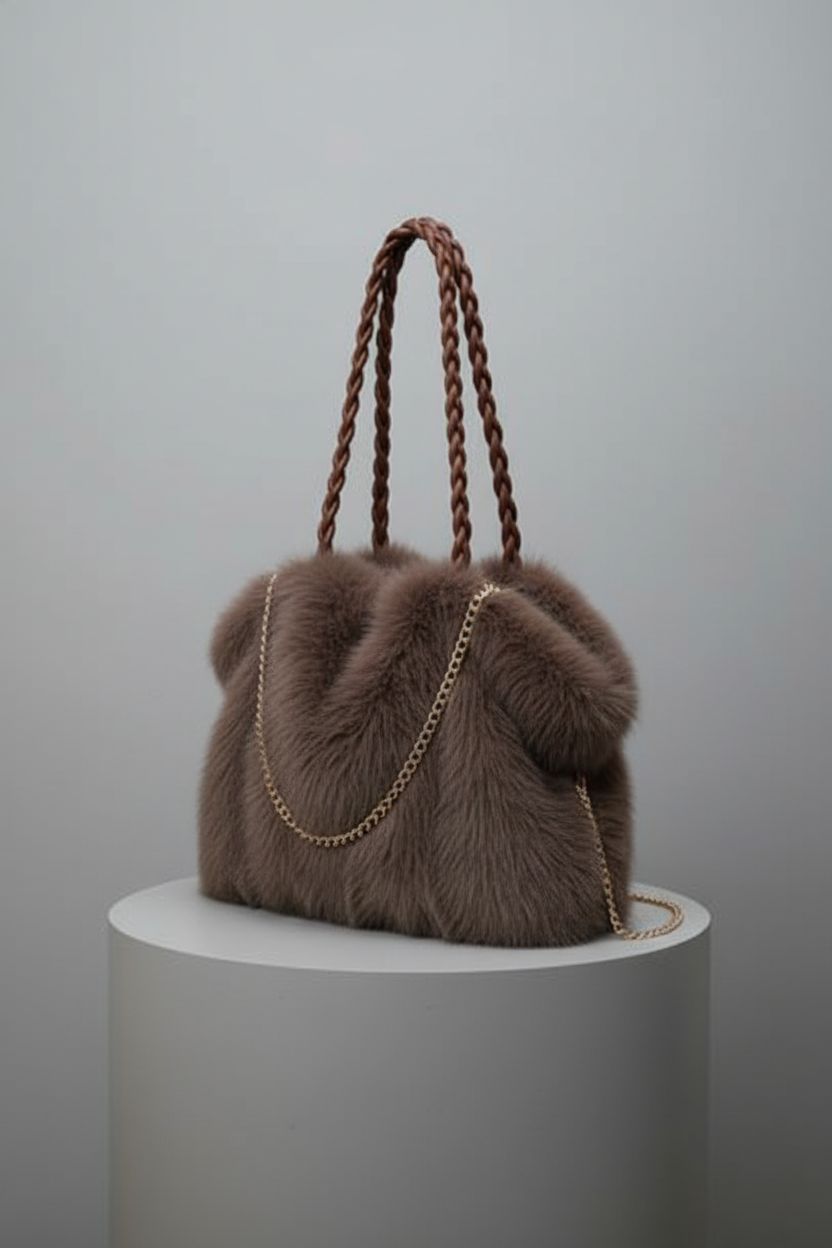 Extolove coffee-colored fuzzy purse on gray backdrop, showcasing features and design