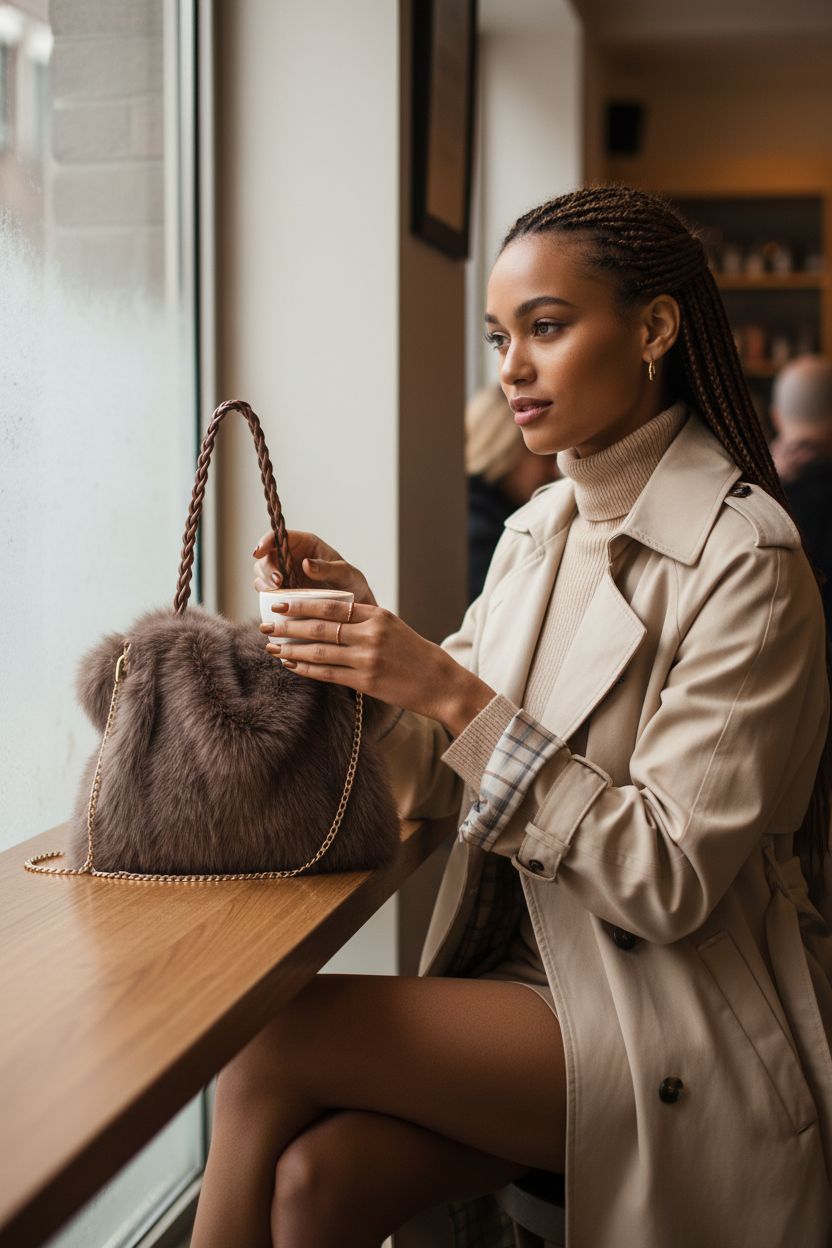 Extolove furry tote bag in cozy café setting, stylish winter accessory for women