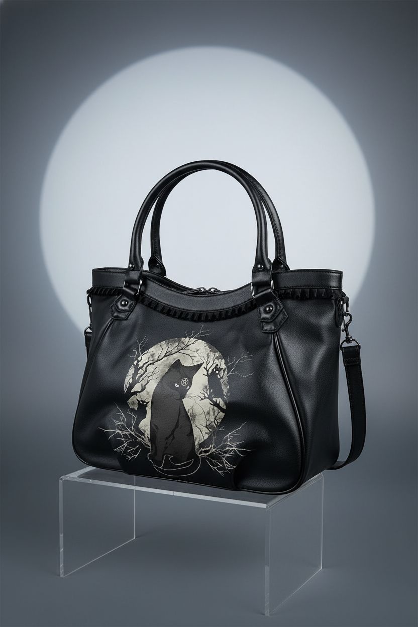 Close-up of Lost Queen Gothic black cat handbag showcasing quality and design details.