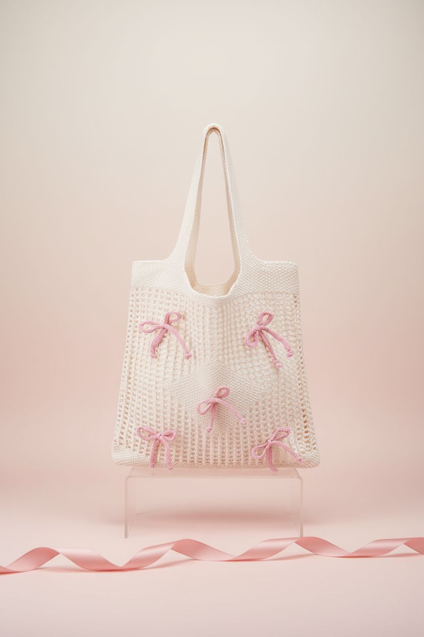 Clysee Bow Crochet Tote Bag showcasing knit pattern and pink bow on a blush backdrop.