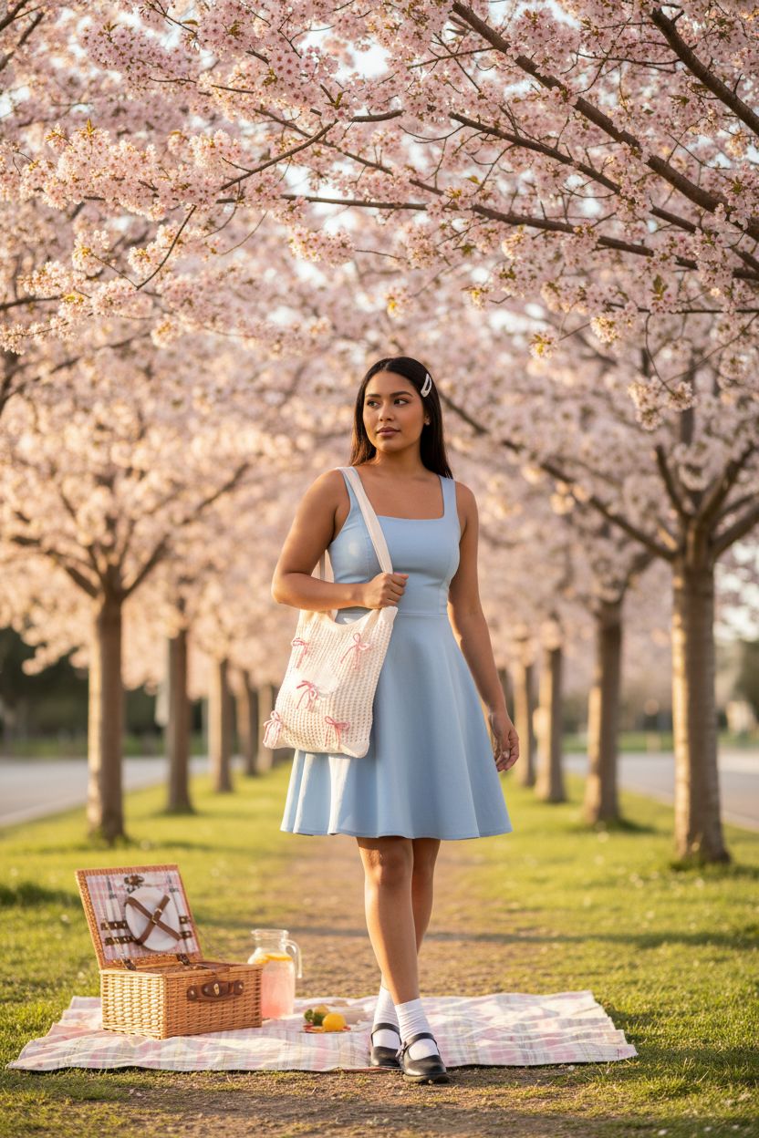 Clysee Bow Crochet Tote Bag in cream with pink bows, paired with a sundress at a picnic.