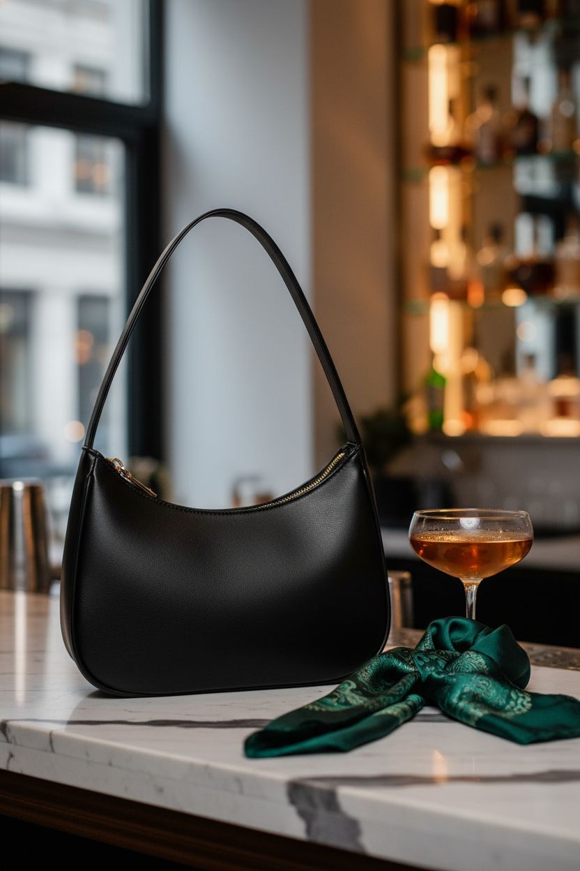 CYHTWSDJ hobo bag on marble bar in cocktail lounge, ideal for a sophisticated night out.