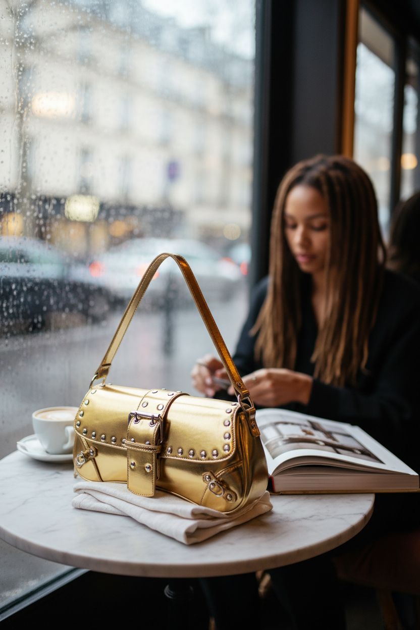 Sophisticated Verdusa gold purse resting on a café table, surrounded by a cozy rainy ambiance.