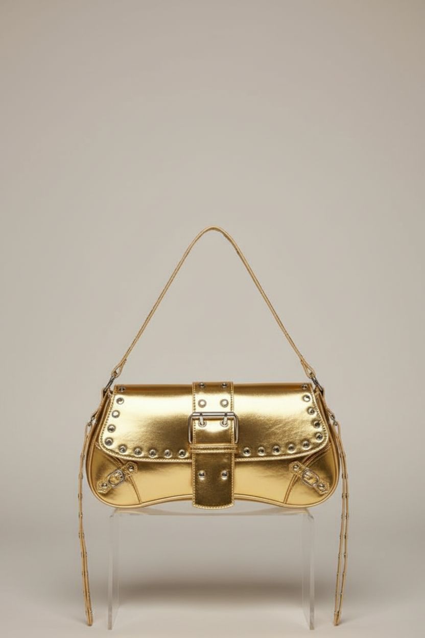 Detailed view of the Verdusa gold purse highlighting its rivets, stitching, and sleek design.