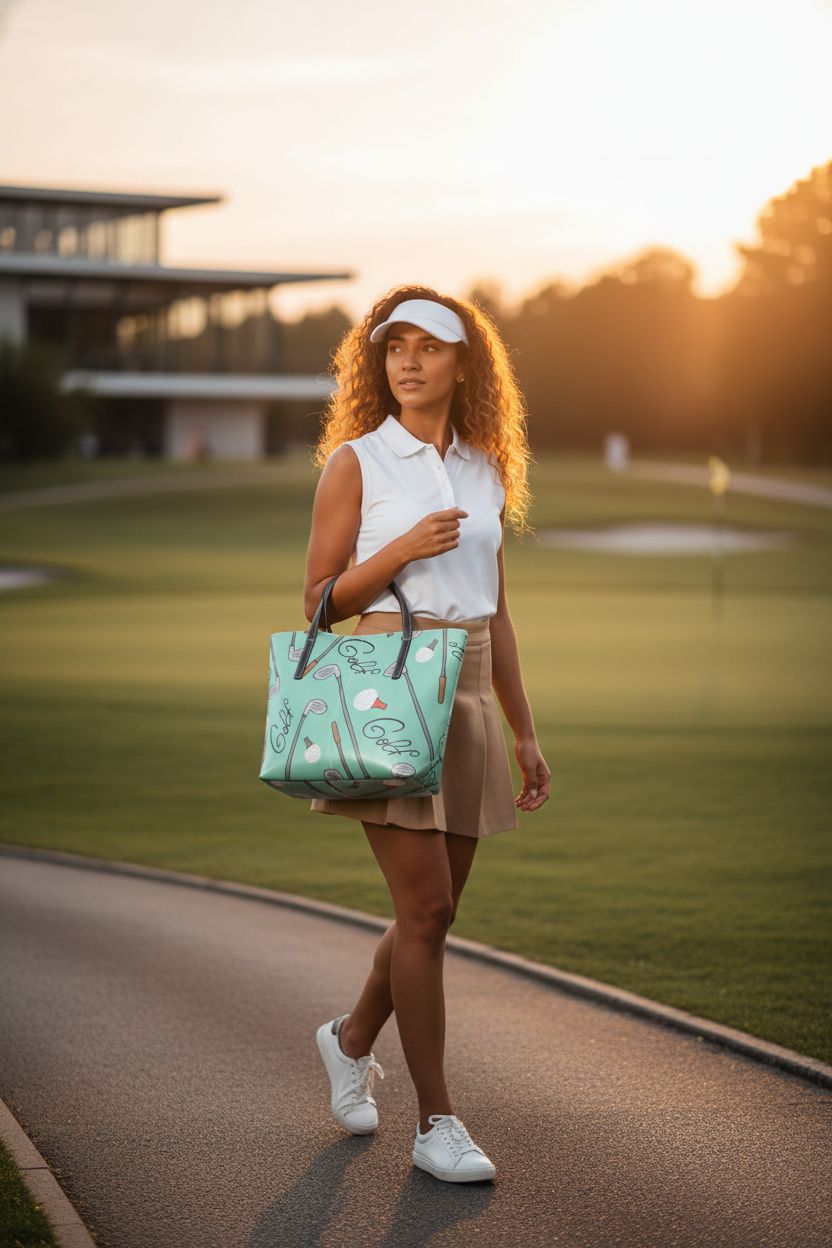 Yasala mint-green golf purse worn on shoulder, vibrant against neutral golf attire.