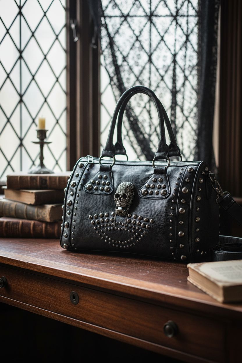 AlwaySky black doctor-style gothic tote on vintage desk, surrounded by antique books and soft lighting.