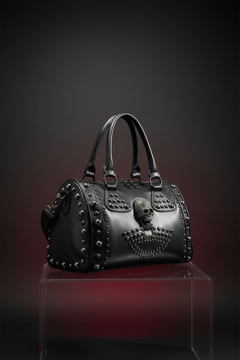 AlwaySky gothic purse on a gradient backdrop, showcasing studs, skull hardware, and ample capacity.