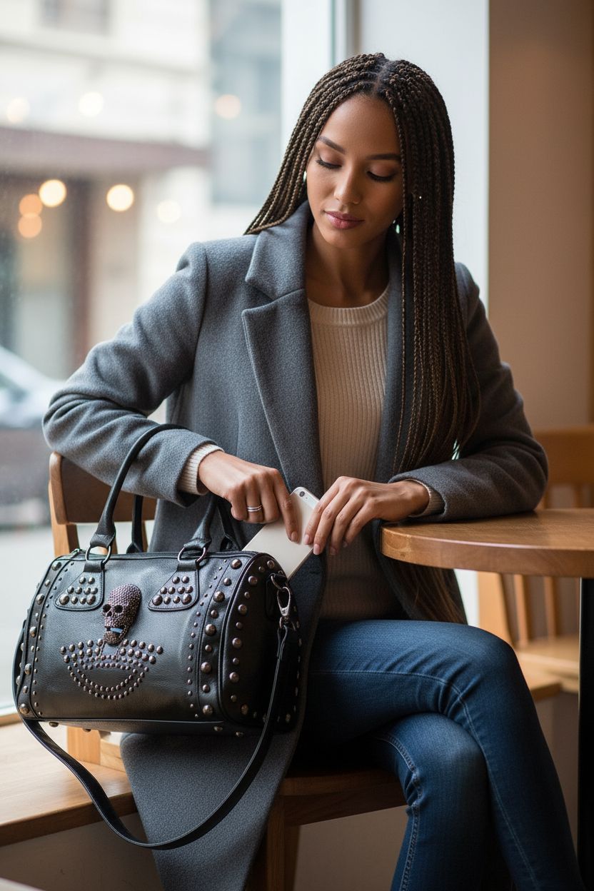 AlwaySky gothic tote purse on cafe chair, highlighting anti-theft pocket and sleek design.