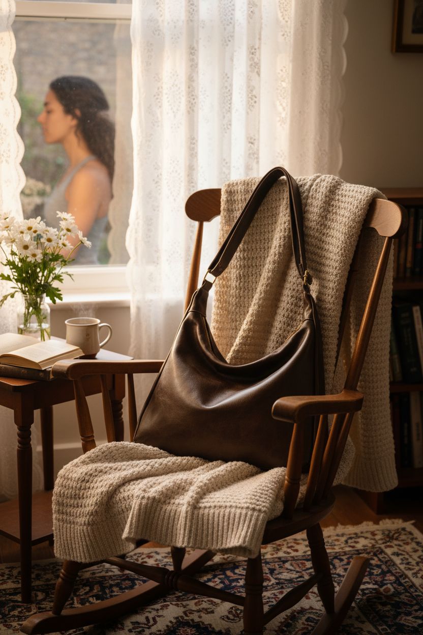 Celestina hobo bag resting in a cozy living room with a book and flowers, highlighting its soft texture.