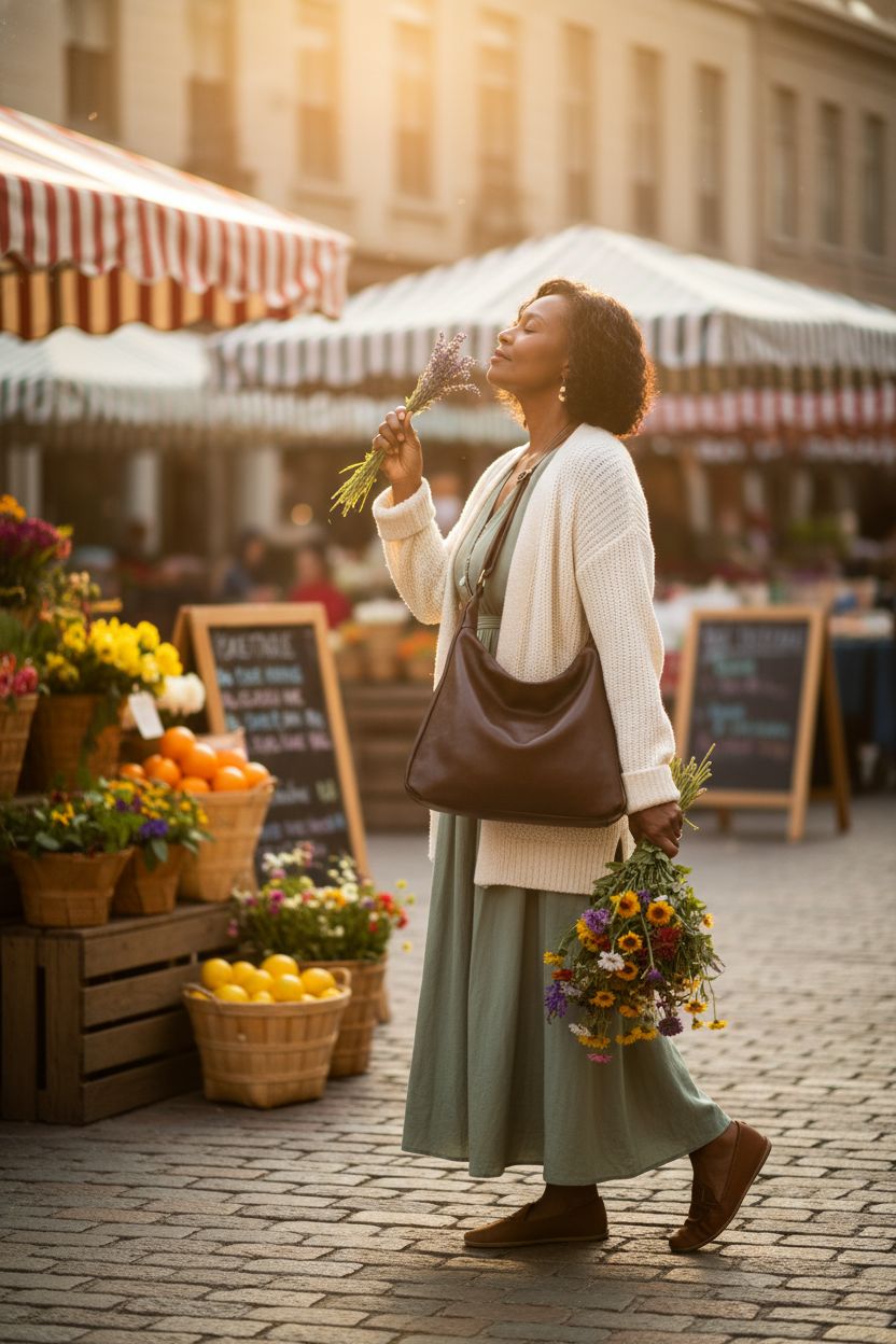 Celestina brown slouchy hobo bag in a sunlit market, showcasing stylish vegan leather design.