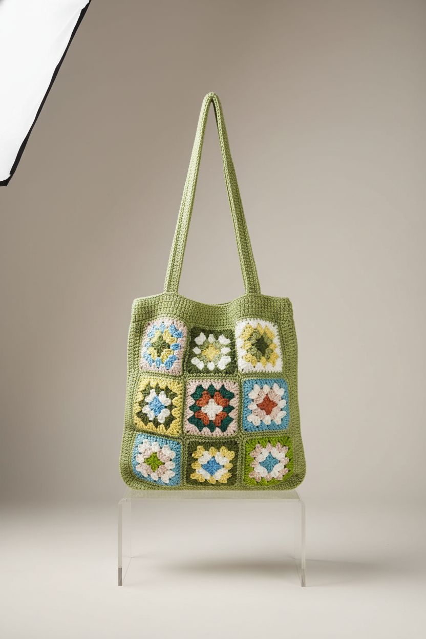 Detailed view of ORIGACH green granny square bag showcasing its craftsmanship and design.