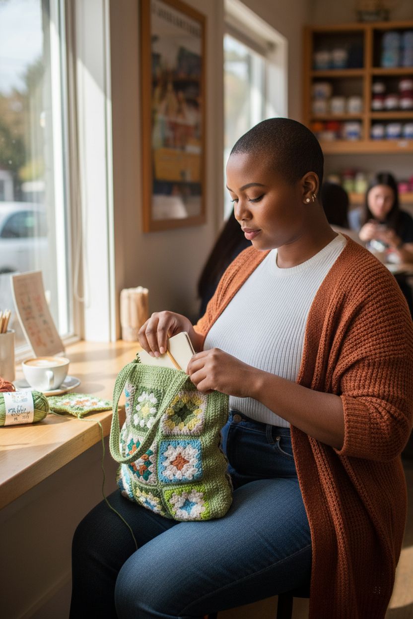 Cozy setting with ORIGACH green granny square bag, crochet tool and notebook inside.