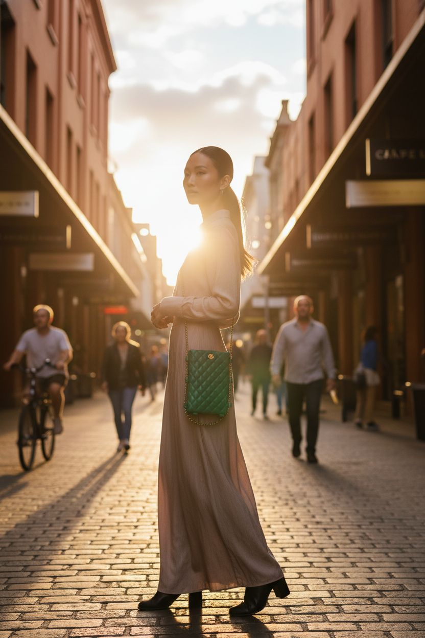 Emerald quilted Montana West designer bag glowing in sunlit alley, showcasing elegance.