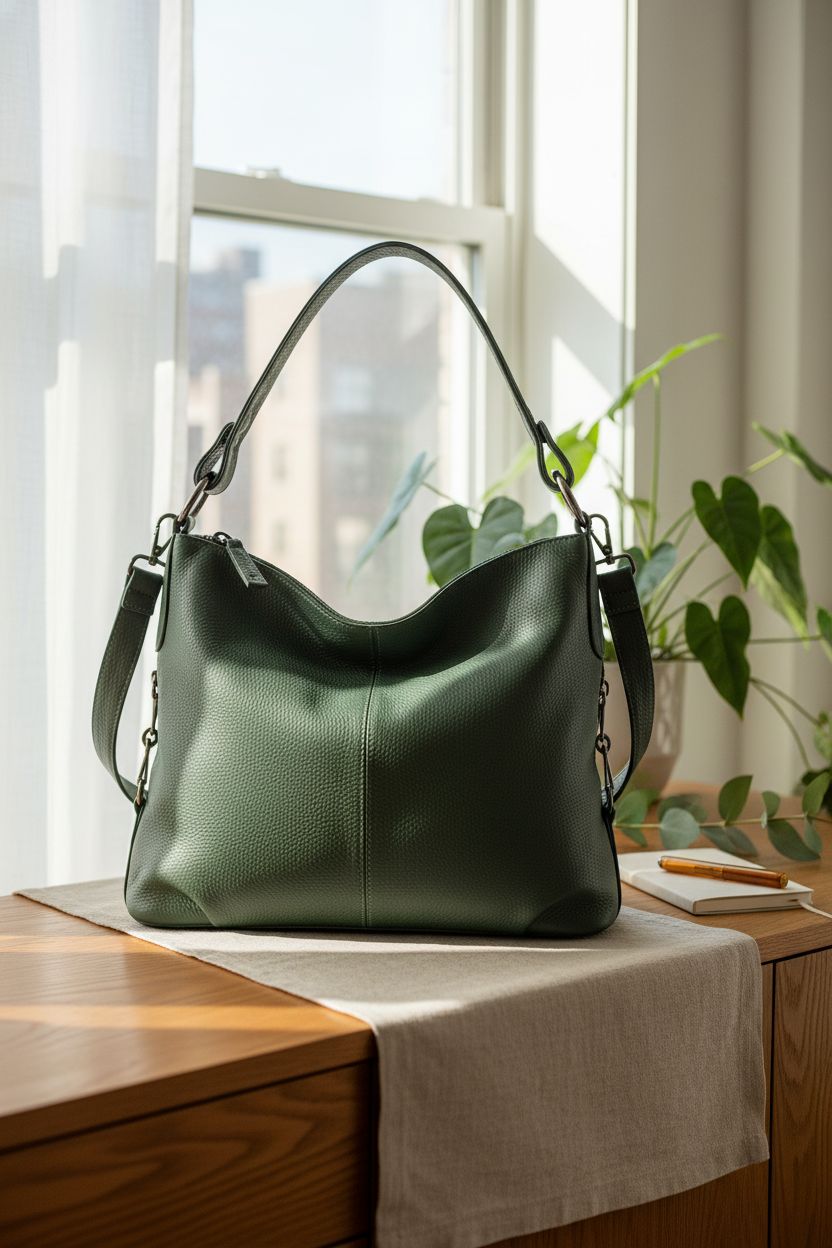 Forest green leather hobo purse on an oak sideboard in a sunlit apartment, showcasing texture, YALUXE.