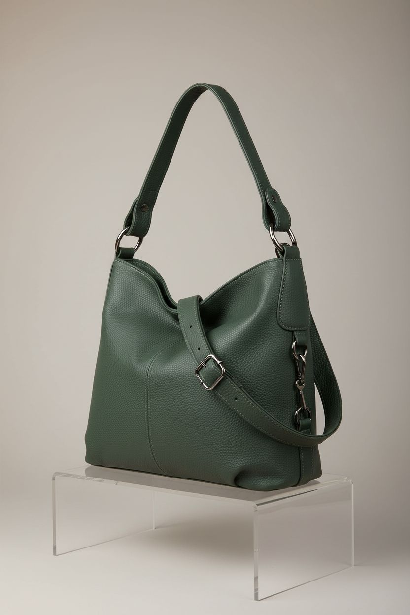 Green leather hobo purse on a gray backdrop, highlighting its quality and adjustable strap, YALUXE.