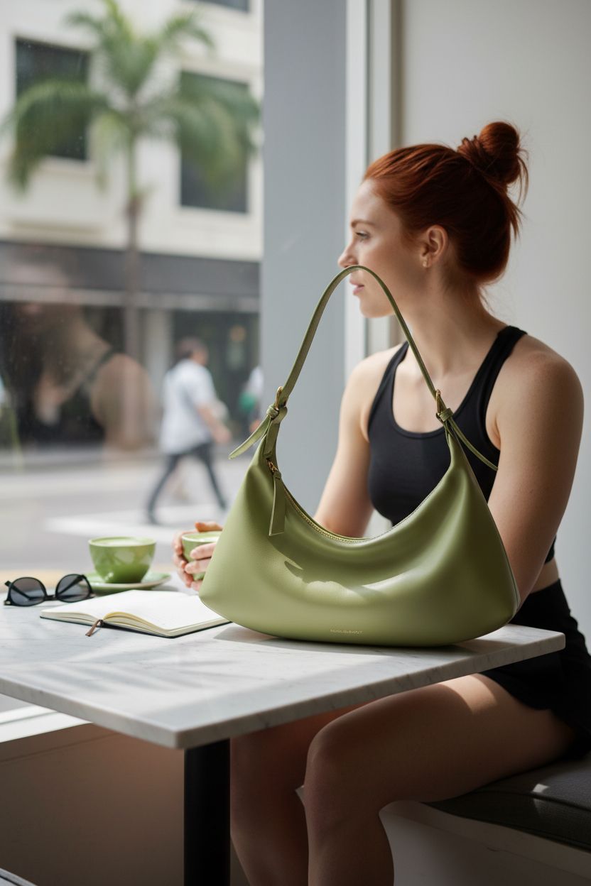Montana West green crescent bag on a café table next to matcha and a notebook, capturing a serene morning vibe