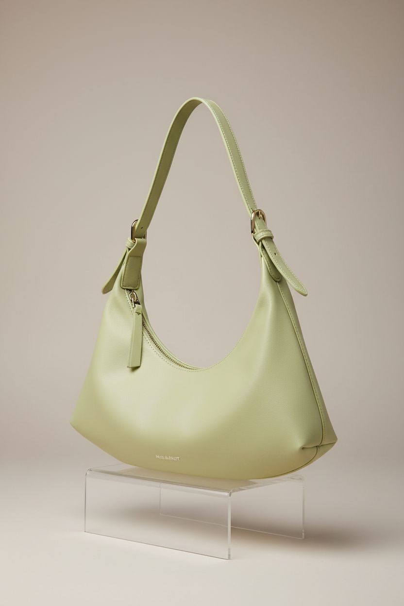 Montana West green crescent bag displayed on a minimal riser, highlighting its elegant silhouette and design