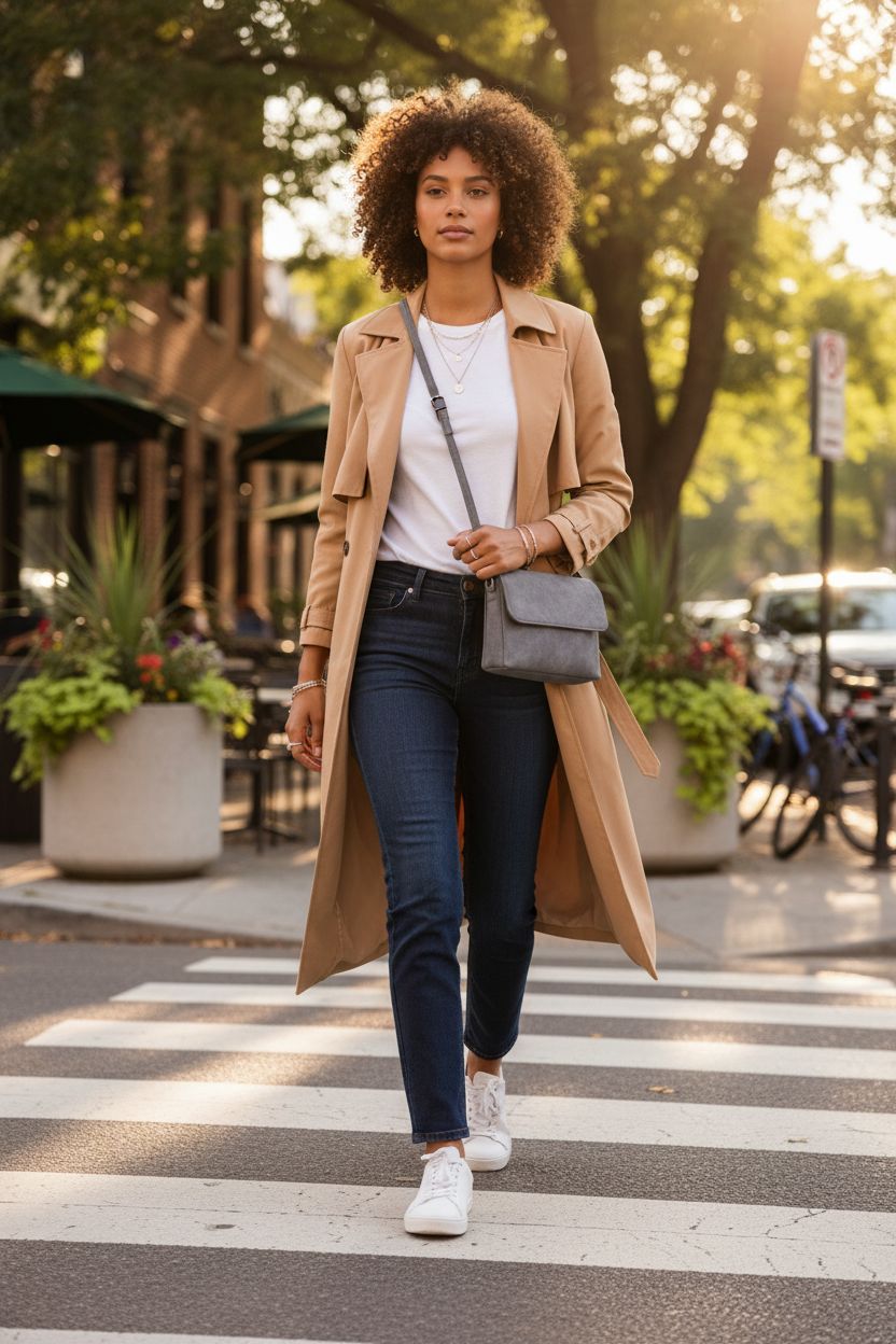 Energather grey crossbody purse worn with a light trench in a sunlit neighborhood setting.