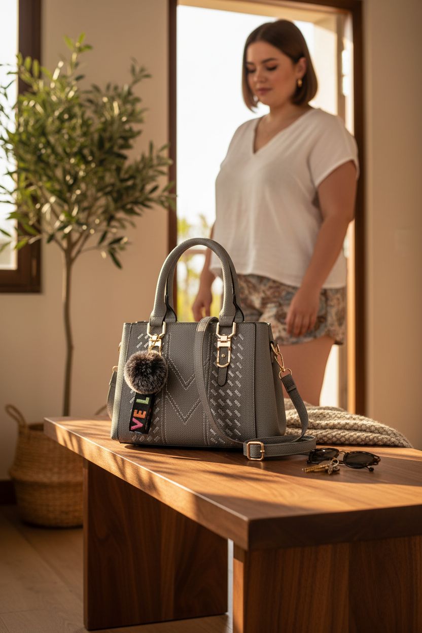 VIDSID grey purse on a walnut bench, displaying its PU leather texture and stylish design.