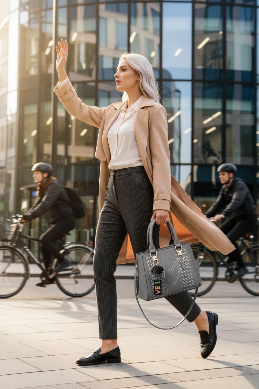 VIDSID grey purse on a modern sidewalk, showcasing its stylish design and spacious compartments.