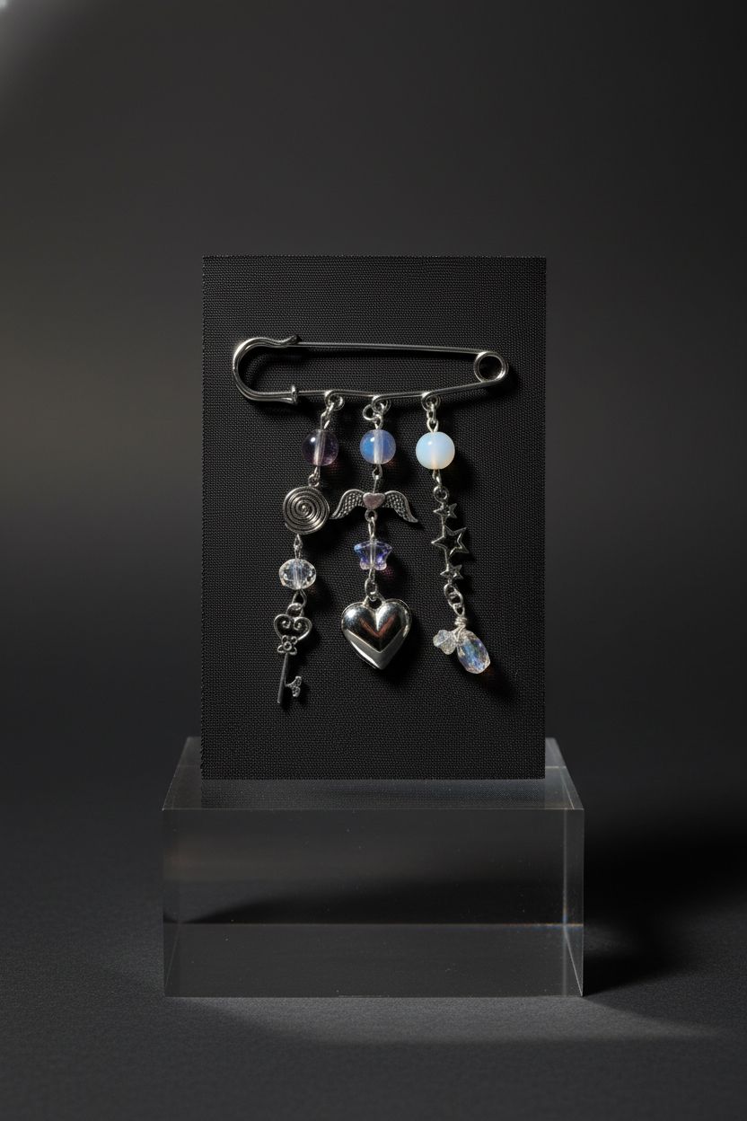 Close-up of silver heart grunge pins on a black fabric swatch by RICHTRUE, showcasing quality and design.